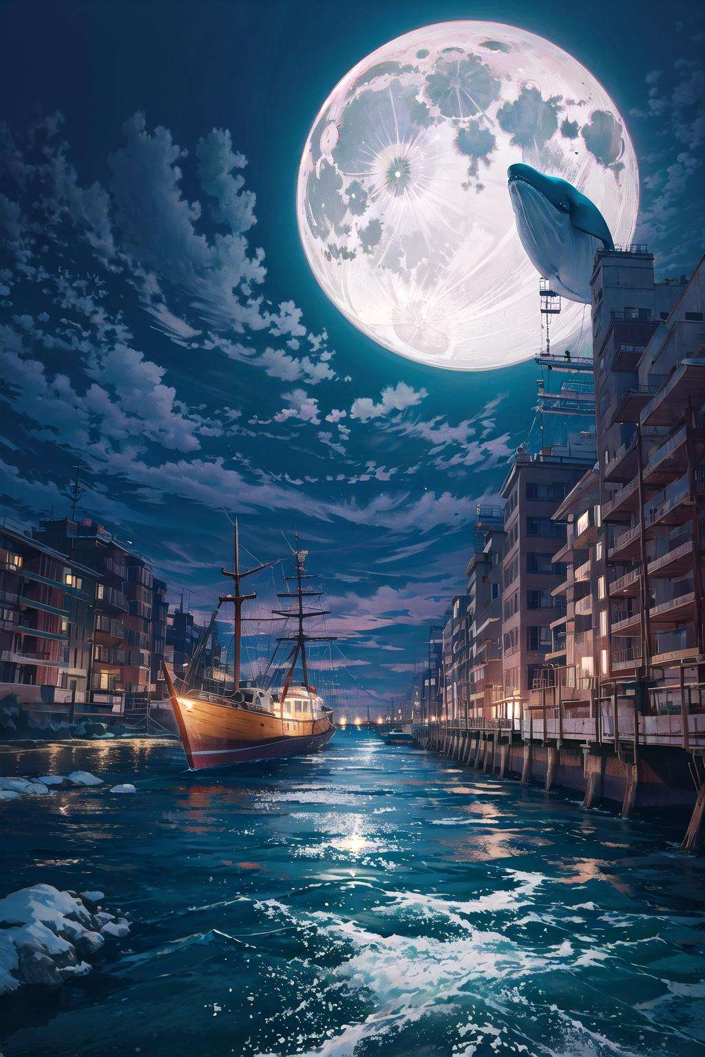 octans, no humans, moon, sky, night, full moon, cloud, whale, outdoors, scenery, night sky, water, watercraft, cloudy sky, building, skeleton, animal.<lora:octans-PYNOISE-LOHA:1>