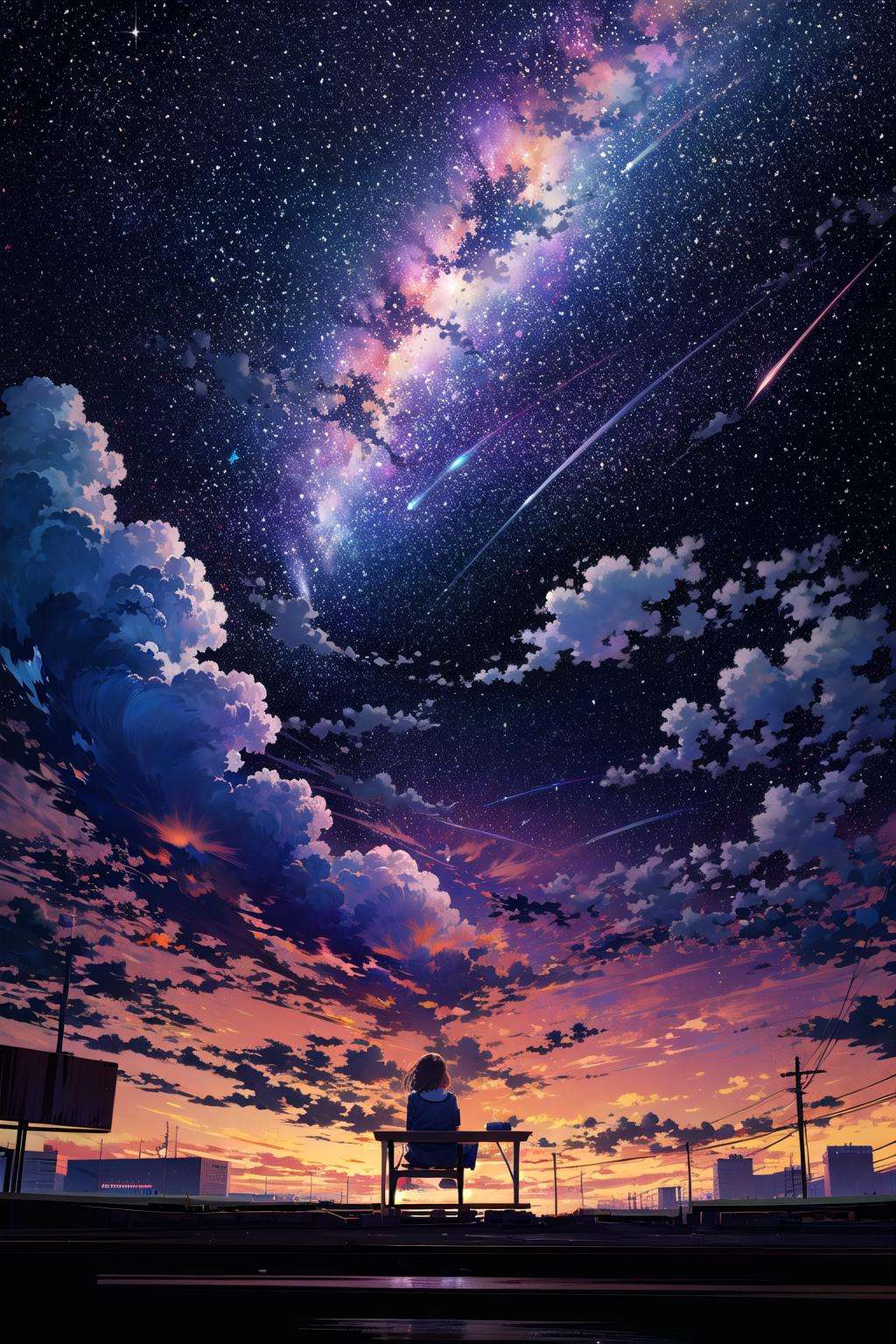 octans, sky, star (sky), scenery, starry sky, night, 1girl, night sky, solo, outdoors, building, cloud, milky way, sitting, tree, long hair, city, silhouette, cityscape <lora:octans-PYNOISE-LOHA:1>