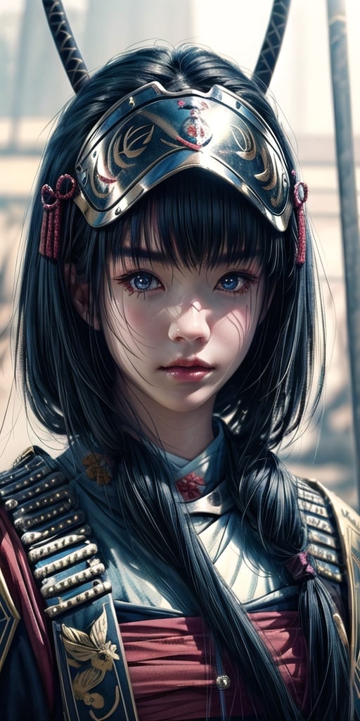 wlop,1 girl,solo,beautiful face,very long hair,upper body, undercut,  dalcefo,realistic,japanese samurai in armor, fine detailed face,samurai armor,cinematic light