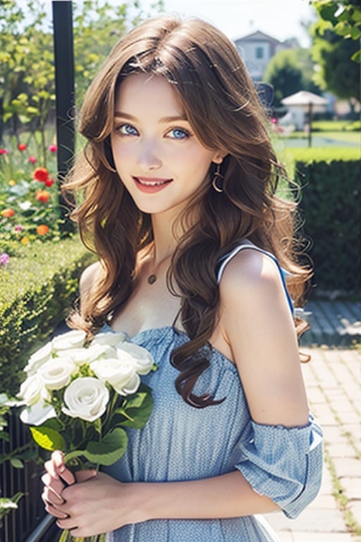 looking at viewer,smile,Long curly hair, blue eyes,Outdoor, sunny,garden,flowers,asgirl,