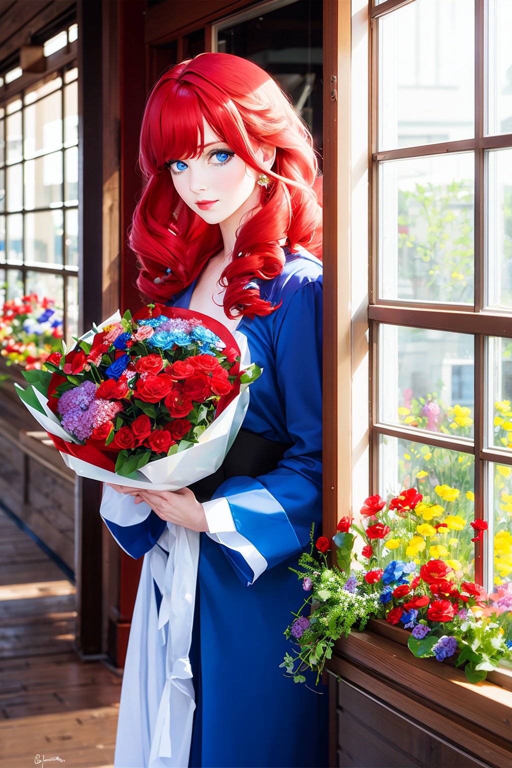 looking at viewer,blue curly red hair, blue eyes,out door, huge window,(flowers:1.3),asgirl,