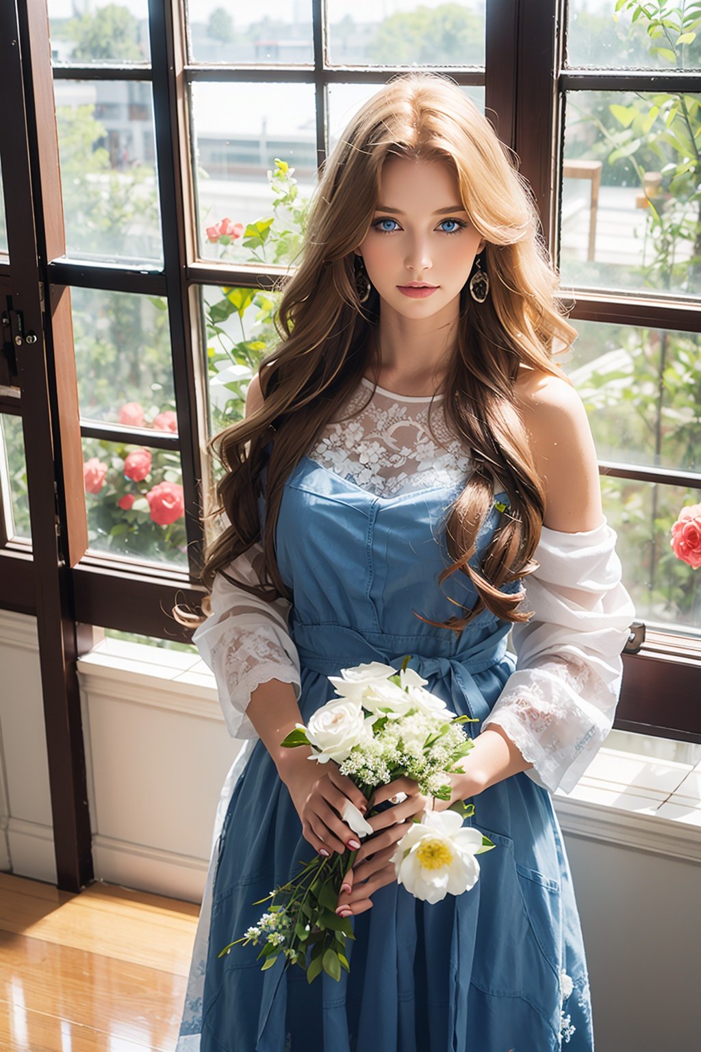 looking at viewer,Long curly hair, blue eyes,indoor, huge window,flowers,asgirl,