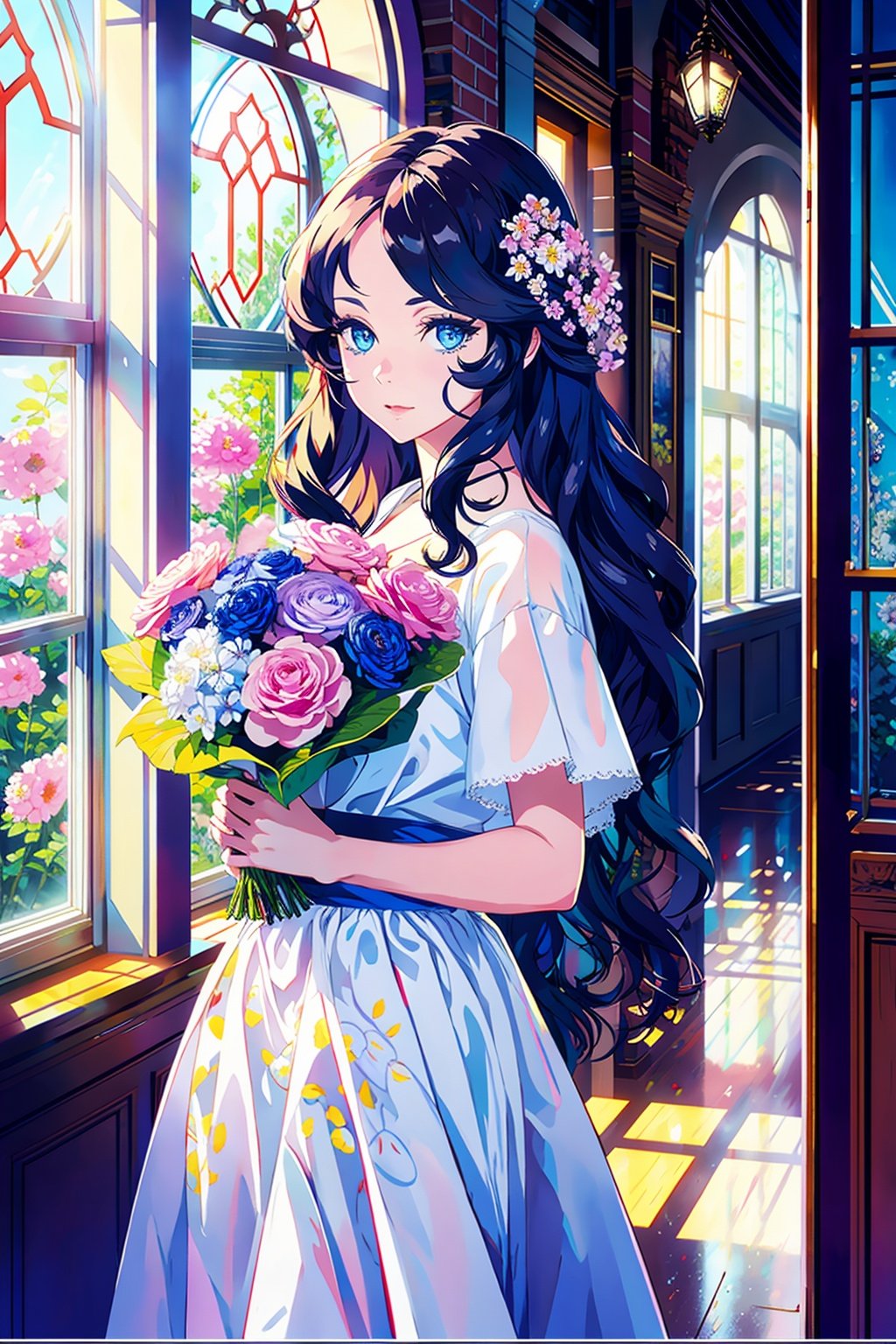 looking at viewer,Long curly hair, blue eyes,indoor, huge window,flowers,asgirl,