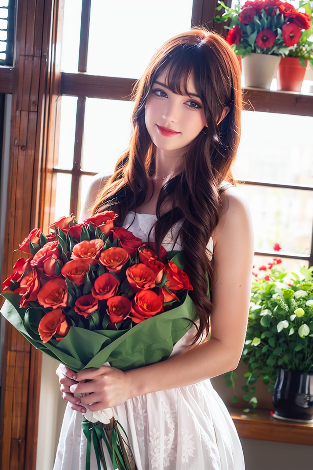 looking at viewer,Long curly red hair, brown  eyes,indoor, huge window,(flowers:1.3),asgirl,