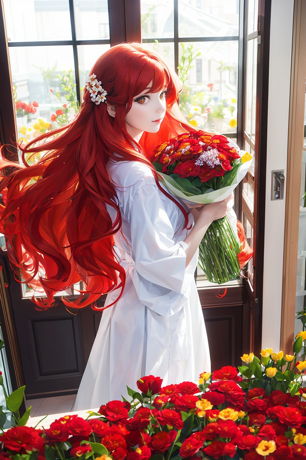 looking at viewer,Long curly red hair, brown  eyes,indoor, huge window,(flowers:1.3),asgirl,