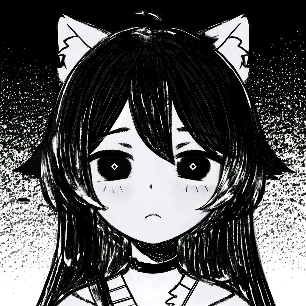 masterpiece, best quality, black and white, noise, black and white background, monochrome, headshot, 1girl, long hair, black hair, animal ears, emotionless, omori,  <lora:OmoriStyle:1>