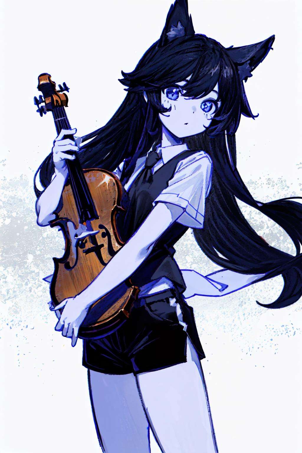 masterpiece, best quality, 1girl, monochrome, black and white, white background, long hair, black hair, animal ears, white collared shirt, short sleeves, black vest, black shorts, violin,  <lora:OmoriStyle:0.9>