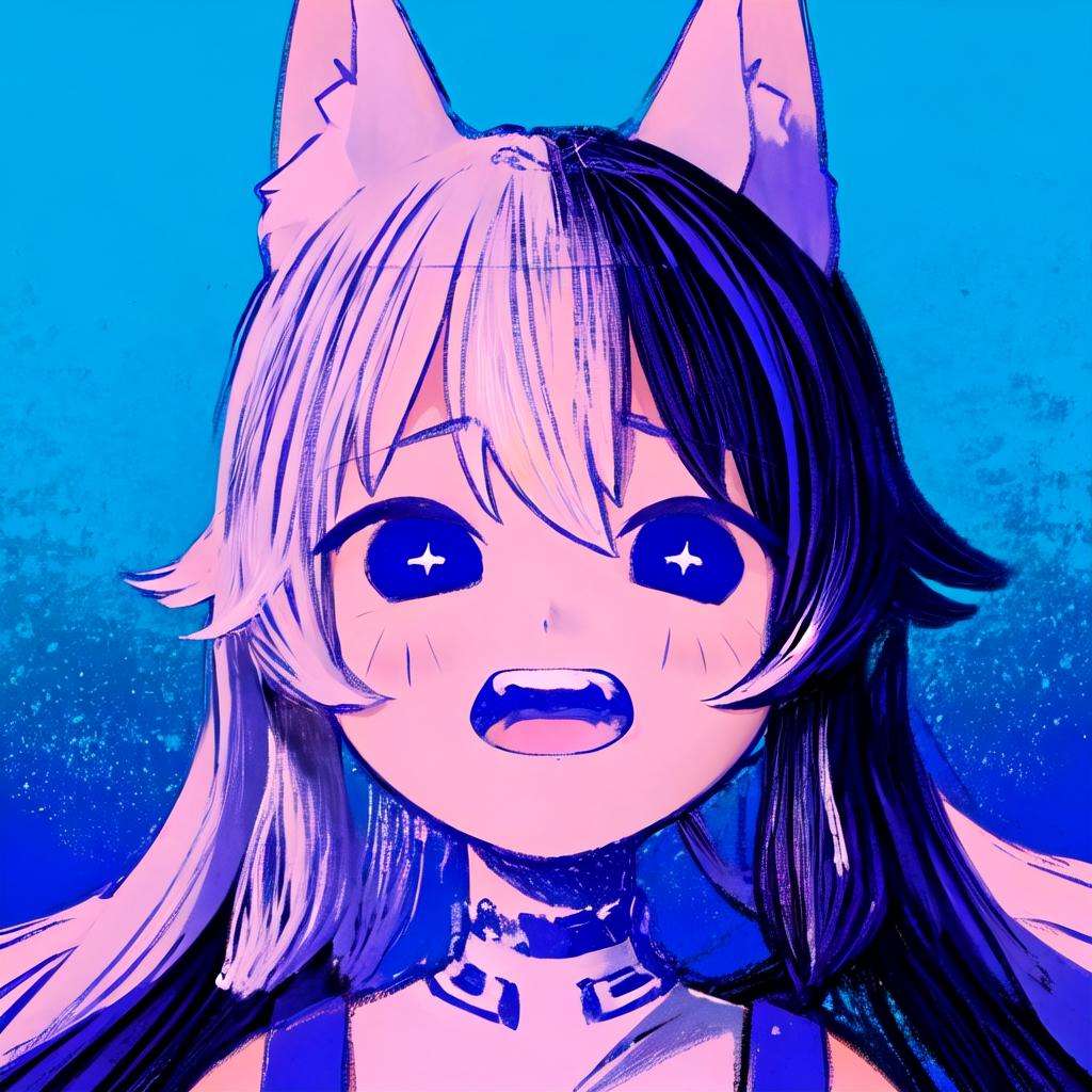 masterpiece, best quality, blue background, gradient background, headshot, 1girl, long hair, white hair, animal ears, open mouth, small pupils, scared, omori,  <lora:OmoriStyle:1>