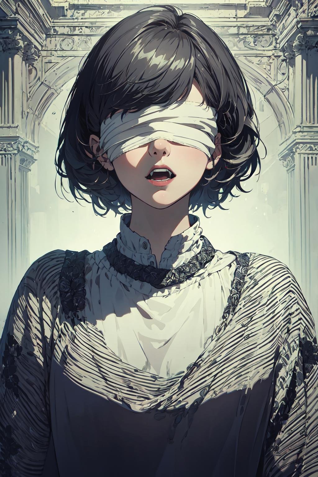 (masterpiece, top quality, best quality, official art, beautiful and aesthetic:1.2),blindfold, solo, 1girl, open mouth, short hair, long sleeves, bangs, smile, upper body, bandages, shirt,extreme detailed,highest detailed, optical mixing, playful patterns, lively texture, unique visual effect