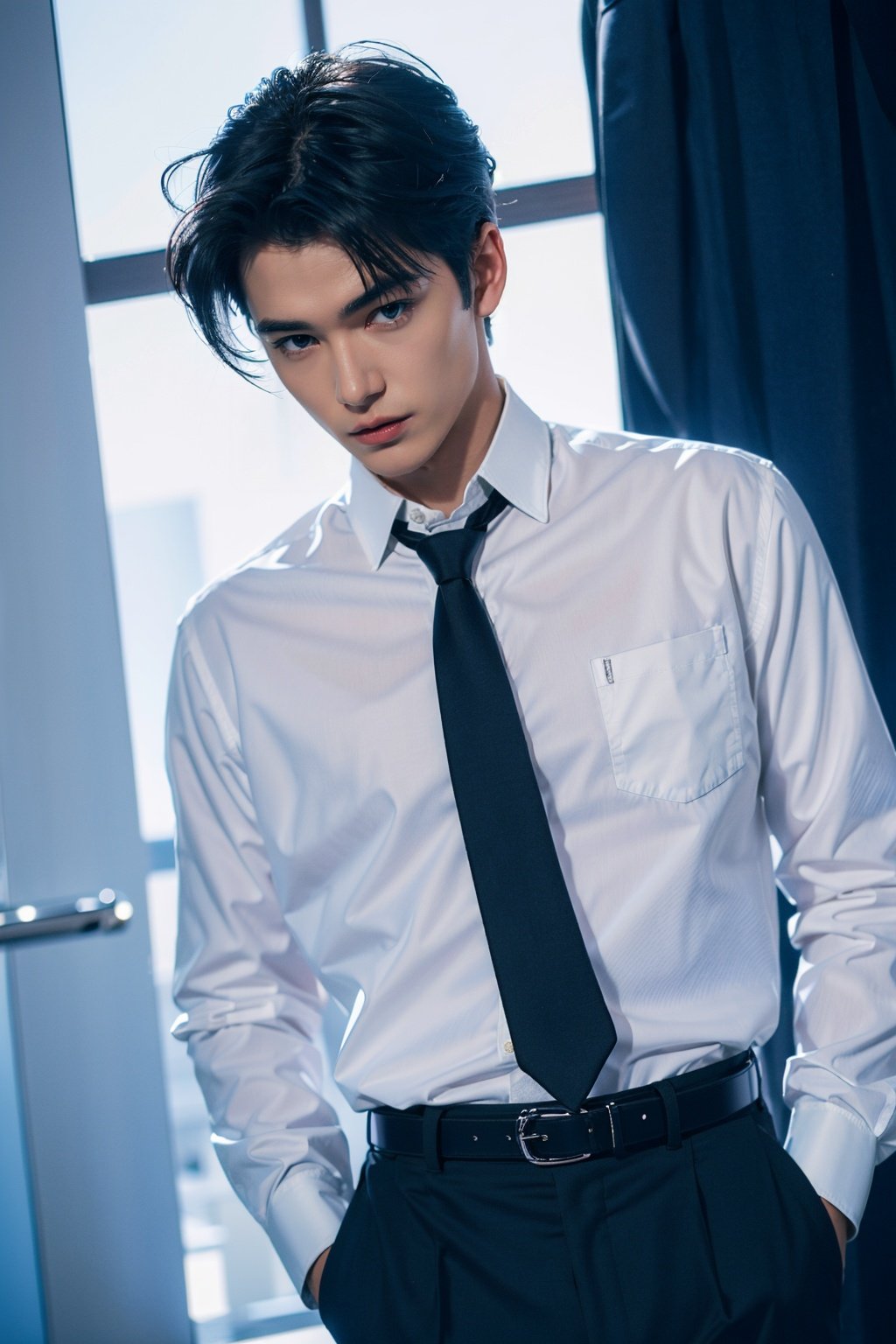 Best quality,masterpiece,ultra high res,photorealistic:1.4,1boy,light and shadow,1boy,male focus,solo,formal,black hair,bow,shirt,suit,belt,pants,black pants,black suit,white shirt,short hair,hand in own hair,jacket,long sleeves,black belt,collared shirt,