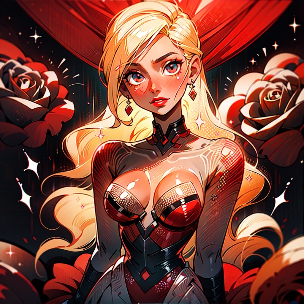 1girl,😍💃, dark-skinned, long blonde hair, black eyes, shiny eyes, sparkles, ((red theme)), red lipstick, roses, ginourmous breasts, detailed eyes, detailed face, masterpiece, 8k