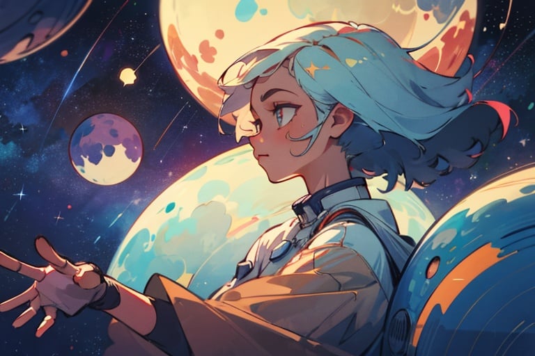 Beautiful girl floating in space while reaching her hand out to the stars, side profile, foreshortening, beautiful masterpiece, complex_background, detailed eyes, detailed face, 8k