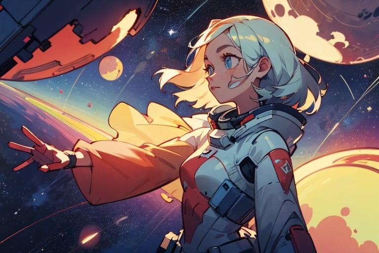 Beautiful girl floating in space while reaching her hand out to the stars, side profile, foreshortening, beautiful masterpiece, complex_background, detailed eyes, detailed face, 8k