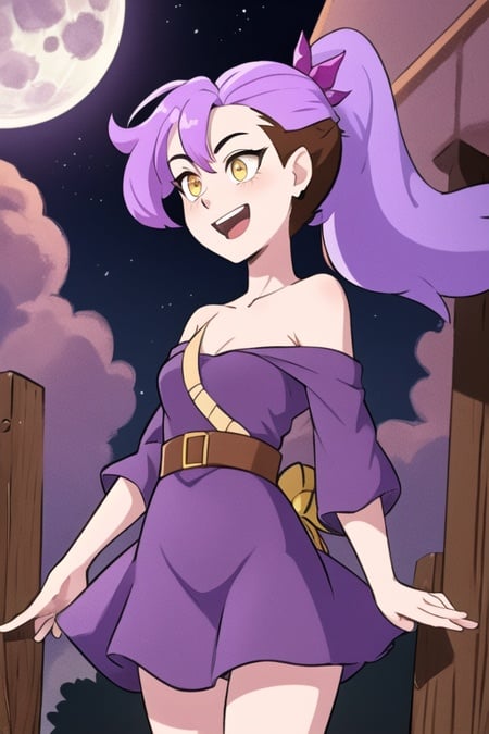 masterpiece, best quality, <lora:amity_timeskip:0.7>, 1girl, solo, ponytail, purple hair, (brown hair:1.1), multicolored hair, yellow eyes, outdoors, wind, moonlight, purple dress, bare shoulders, smile, open mouth, 
