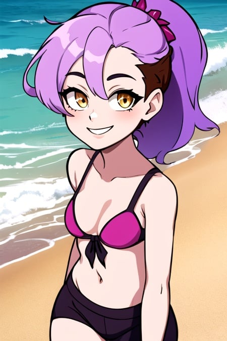 masterpiece, best quality, <lora:amity_timeskip900:0.7>, 1girl, solo, purple hair, brown hair, multicolored hair, ponytail, yellow eyes, looking at viewer, smile, purple bikini, beach, 