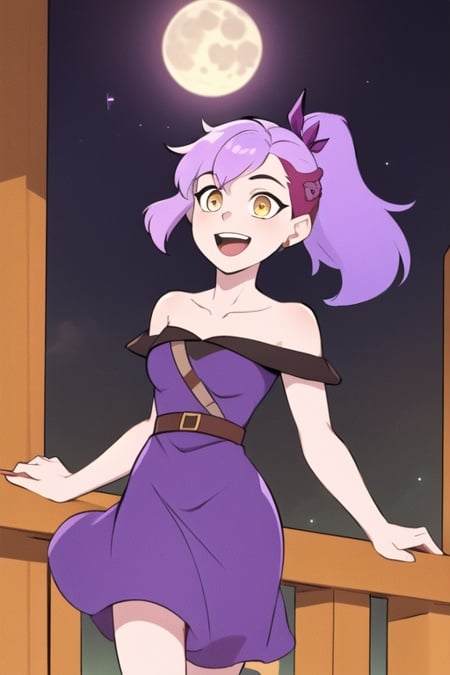 masterpiece, best quality, <lora:amity_timeskip:0.7>, 1girl, solo, ponytail, purple hair, brown hair, multicolored hair, yellow eyes, outdoors, wind, moonlight, purple dress, bare shoulders, smile, open mouth, 