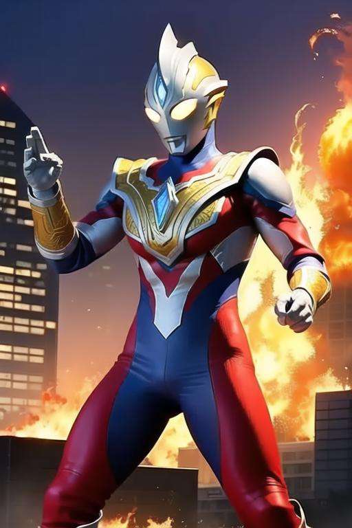 Best quality, masterpiece,1boy, <lora:Trigger:0.7>, UltramanTrigger, armor, bodysuit, boots, gloves, helmet, pauldrons, shoulder_armor, shoulder_pads, white_gloves, solo, a giant in city, fighting stance, fire on city, fire background, upper body, 