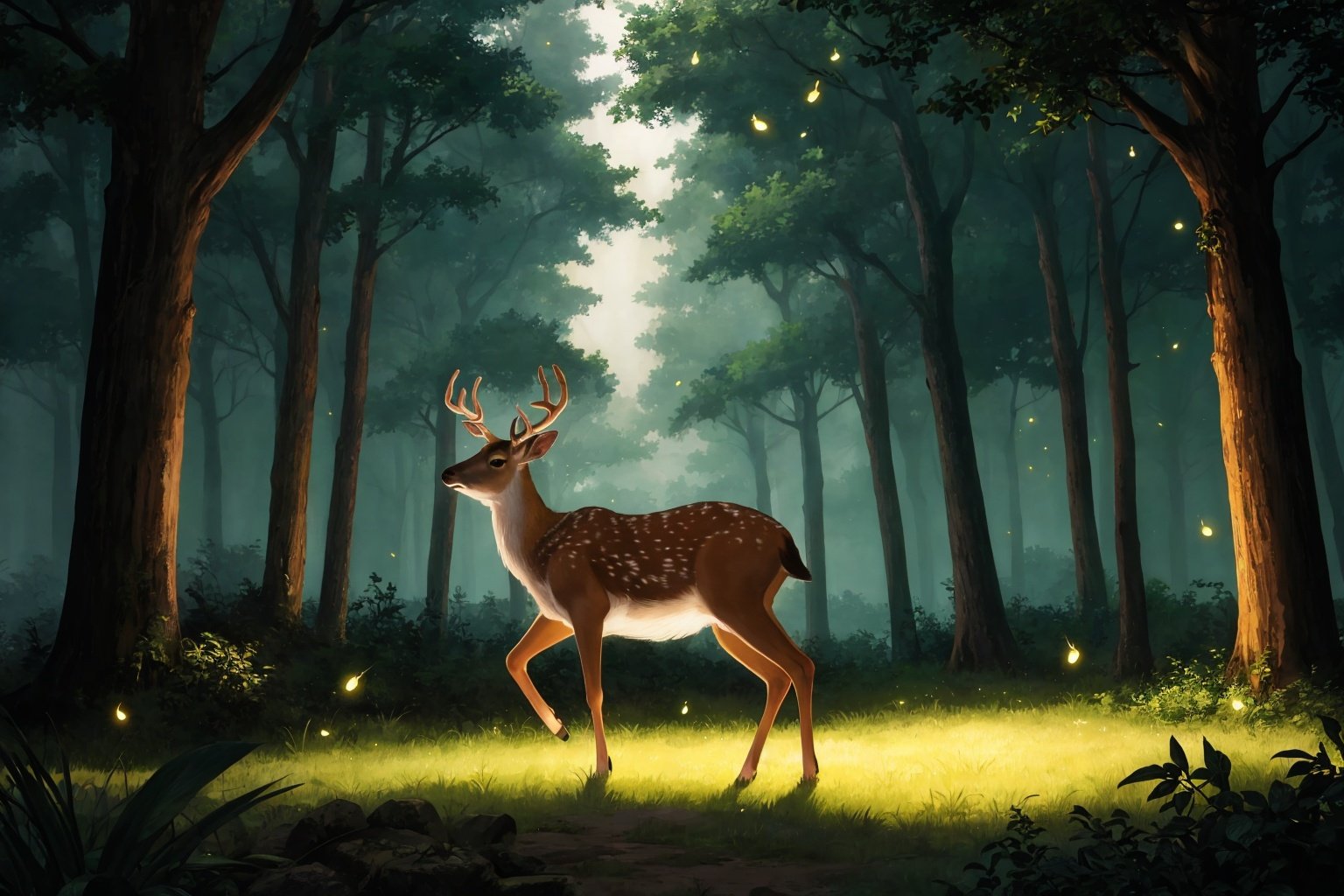 masterpiece, best quality, darkness, fireflies, forest, deer