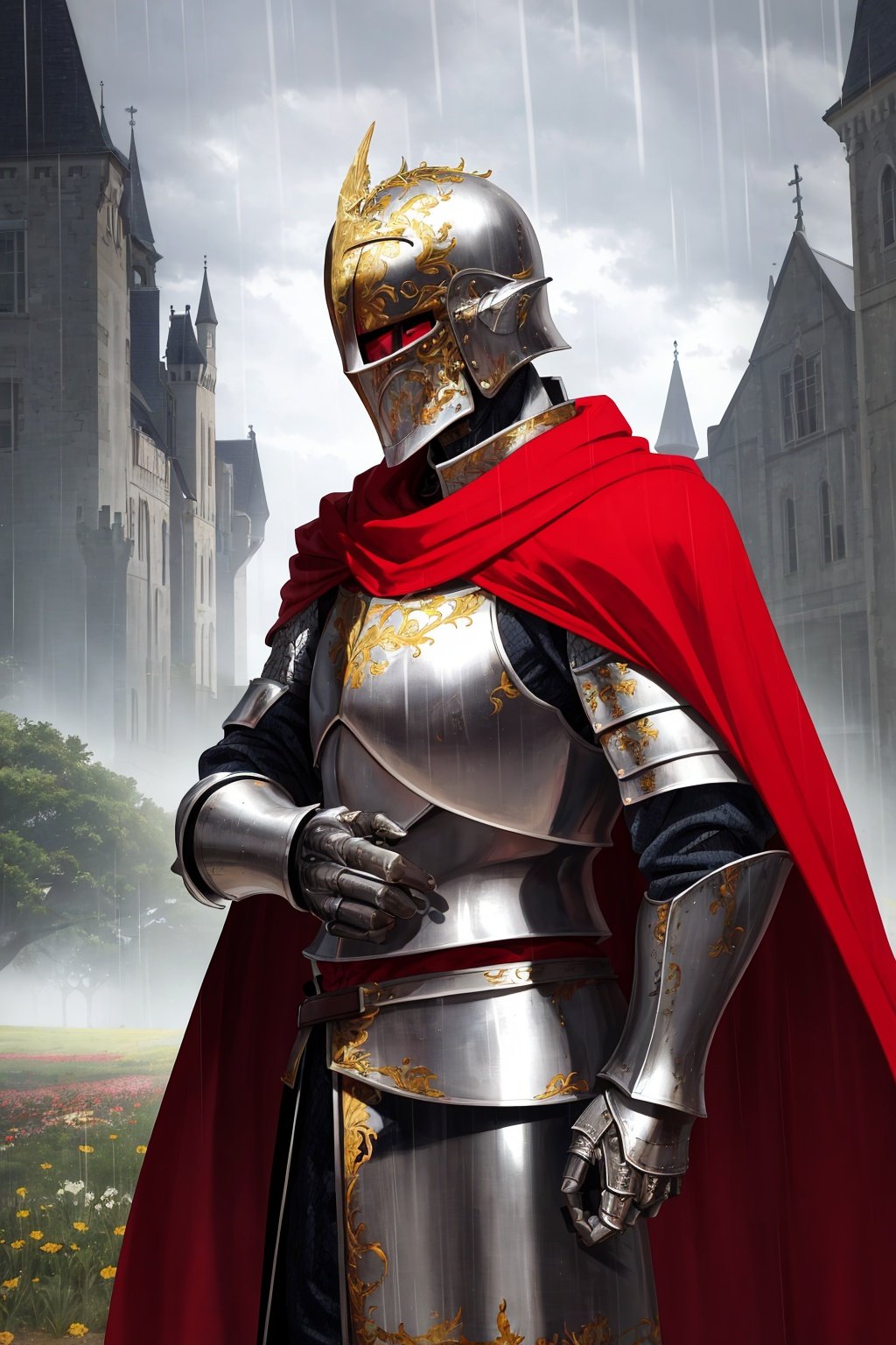 masterpiece, best quality, 1boy, solo, fantasy, knight, cape, armor, helmet, faceless, pauldrons, castle, field, flower, two-handed, dark aura, black armor, red cape, plume, roman, chainmail, metal, realistic, overcast, rain, reflection, shiny, gold trim