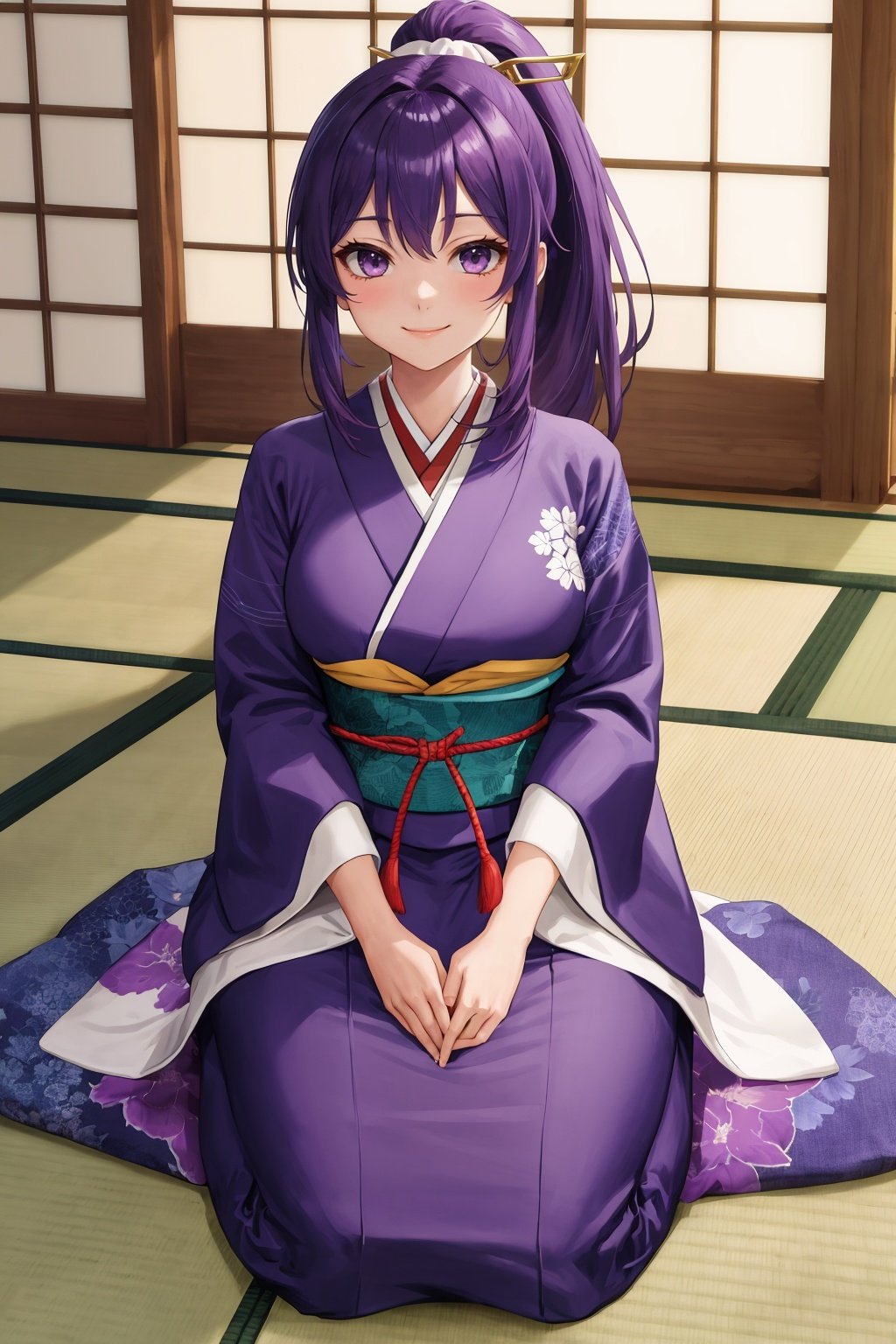 masterpiece, best quality, 1girl, solo, seiza, purple hair, ponytail, smile, looking at viewer, patting lap, lap pillow, lap pillow invitation, japanese clothes