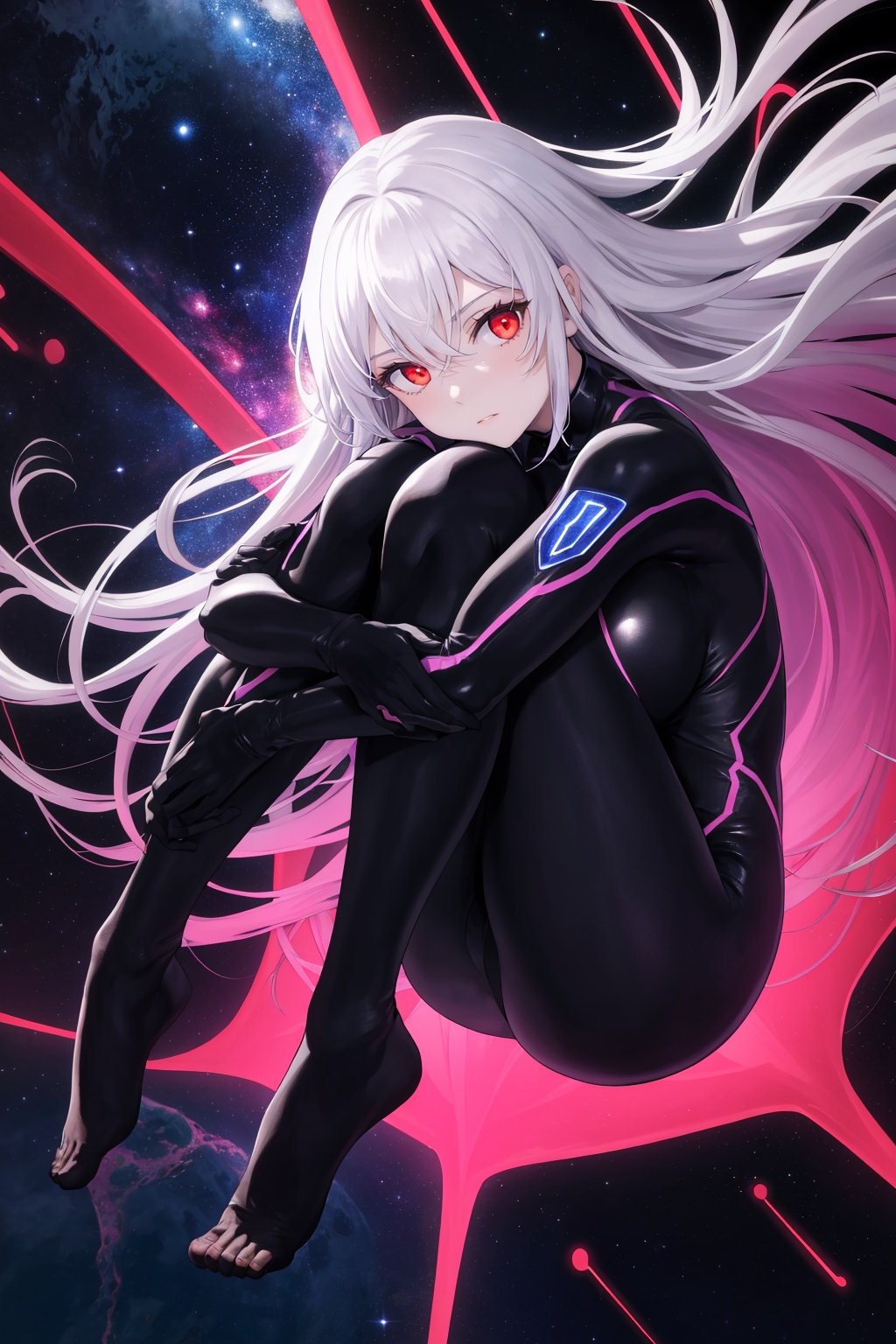masterpiece, best quality, 1girl, solo, science fiction, black bodysuit, glowing, red eyes, darkness, dark, night sky, floating hair, galaxy, space, window, looking at viewer, blank eyes, white hair, large breasts, floating, levitation, knees up, full body, glass, hugging own legs, 