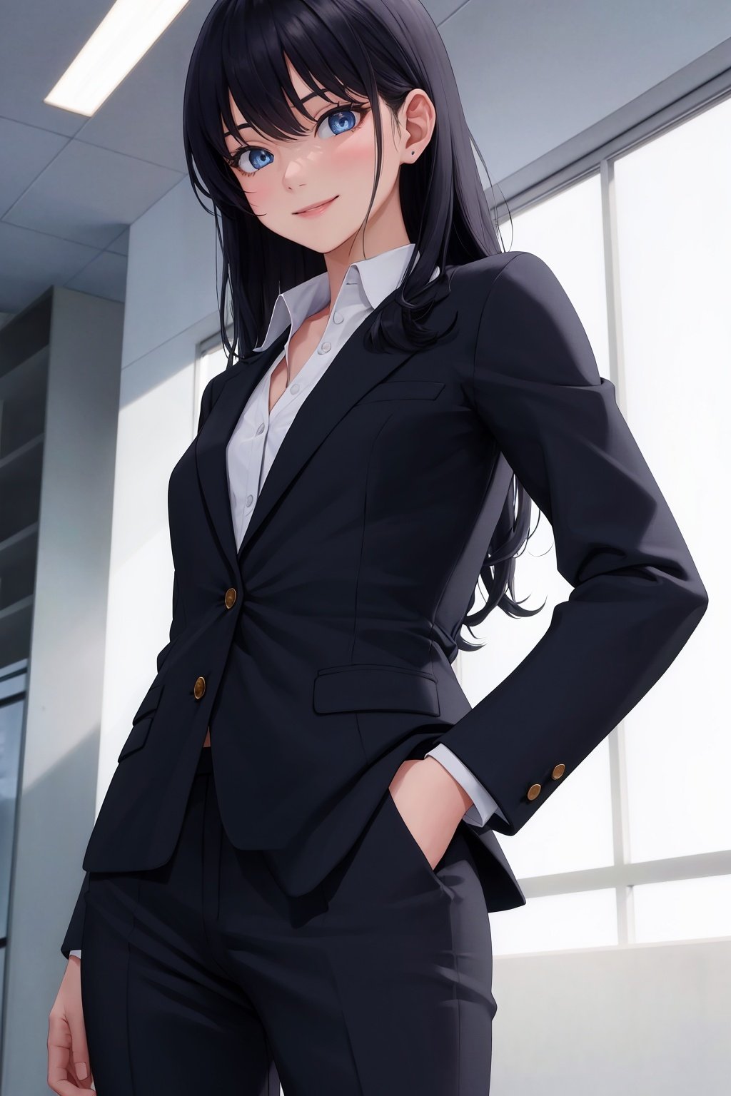 masterpiece, best quality, 1girl, solo, standing, flat chest, suit, business suit, close-up, smile, blue eyes, black hair, arms at sides