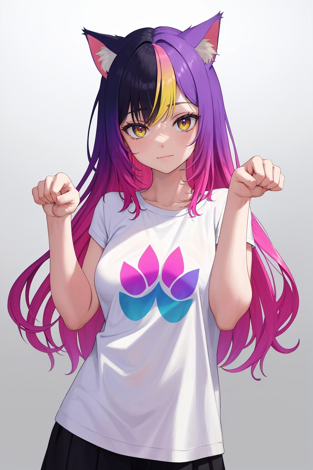 masterpiece, best quality, cat girl, cat ears, paw pose, gradient, gradient hair, gradient hair, rainbow gradient, rainbow, rainbow hair, white shirt