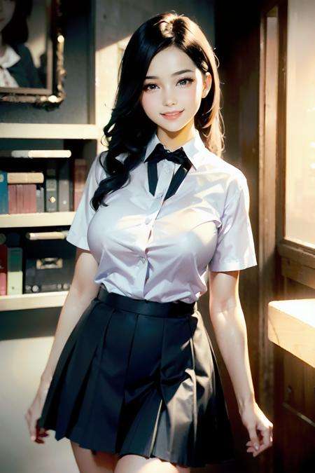 (photorealistic:1.3, realistic:1.3), Ray tracing, physically based rendering, RAW photo, best quality, hires, masterpiece, HDR, 8K resolution, rim lighting, 1girl, blush, short sleeve collared shirt, pleated checkered skirt, library, (smiling at viewer:1.3), beautiful symmetrical eyes, (fabulous feminine makeup), naturally sagging enormous breasts