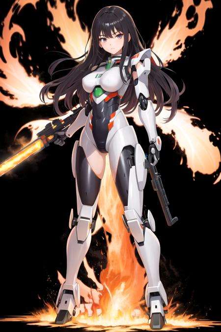 masterpiece, best quality, <lora:FEH_Concept_v2:1>, black background, simple background,1girl, solo, long hair, looking at viewer, standing, full body, gun, mecha, mechanical arms, explosion, fire, aiming