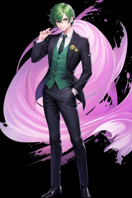 masterpiece, best quality, <lora:FEH_Concept_v2:1>, black background, simple background,1boy, solo, looking at viewer, standing, full body, joker \(dc\), green hair, short hair, male focus, purple suit, suit