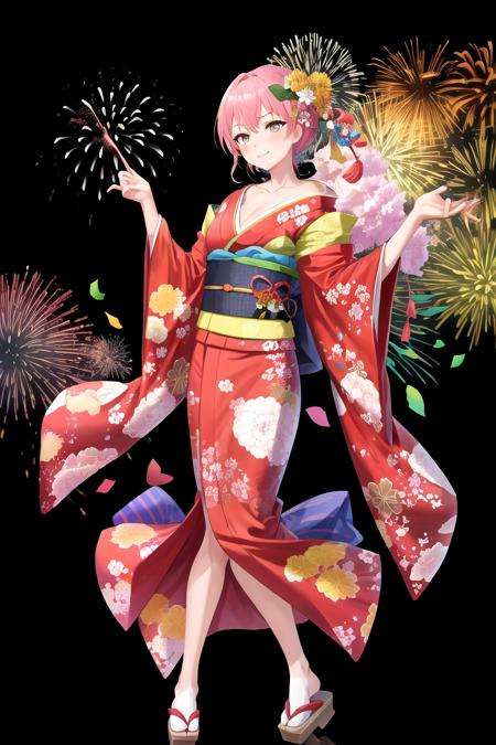 masterpiece, best quality, <lora:FEH_Concept_v2:1>, black background, simple background, 1girl, leaning back, full body, cleavage, kimono, new_year, fireworks