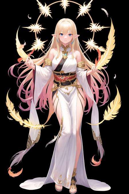 masterpiece, best quality, <lora:FEH_Concept_v2:1>, black background, simple background,1girl, looking at viewer, standing, full body, feathers, glow, aura, goddess, blonde hair, very long hair, pointy ears, 