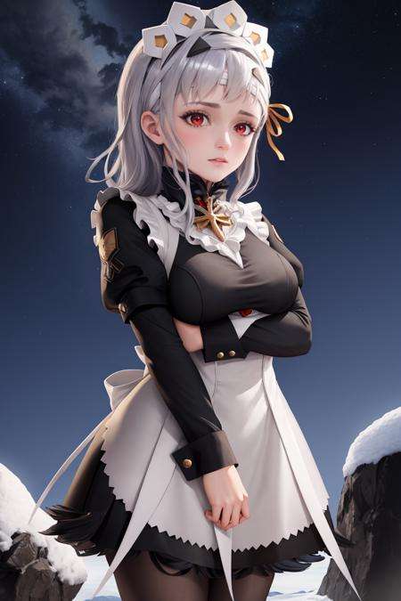 masterpiece, best quality, absurdres, <lora:modernia-nikke-richy-v2:0.7> modernia, 1girl, solo, standing, <lora:FEFatesMaid_v1:1> fates maid, maid, maid headdress, winter, cold, night sky, starry sky, rock, red eyes