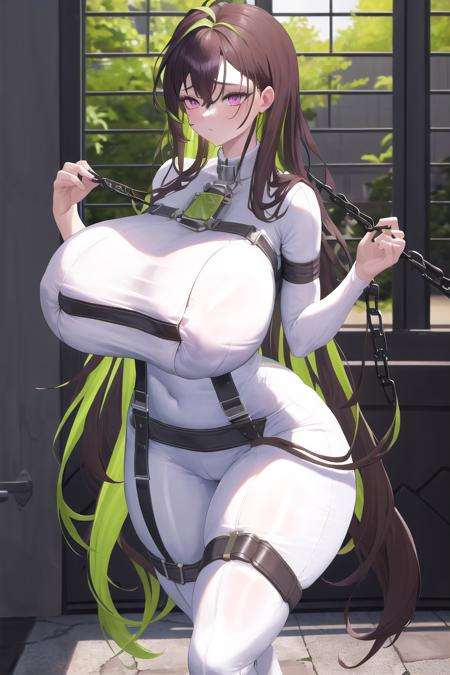 masterpiece, best quality, absurdres, <lora:guilty_nikke_v4:1>, guilty,white bodysuit, huge breasts, chest harness, breast strap, chain,very long hair, purple eyes, brown hair, green hair, two-tone hair, curvy