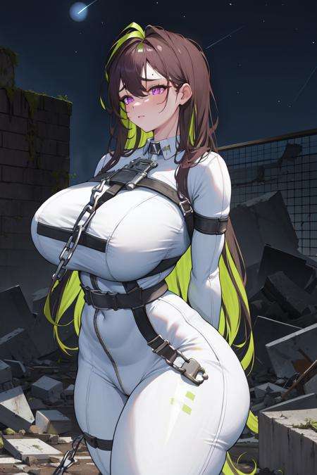 masterpiece, best quality, absurdres, <lora:guilty_nikke_v4:1>, guilty,white bodysuit, huge breasts, chest harness, breast strap, belt, huge ass, wide hips, curvy,very long hair, purple eyes, brown hair, green hair, two-tone hair, arms behind back,night sky, night, darkness, (cyberpunk, science fiction, neon lights:0.6), abandoned, ruins, concrete, overgrown, chain-link fence, debris, rubble, destroyed