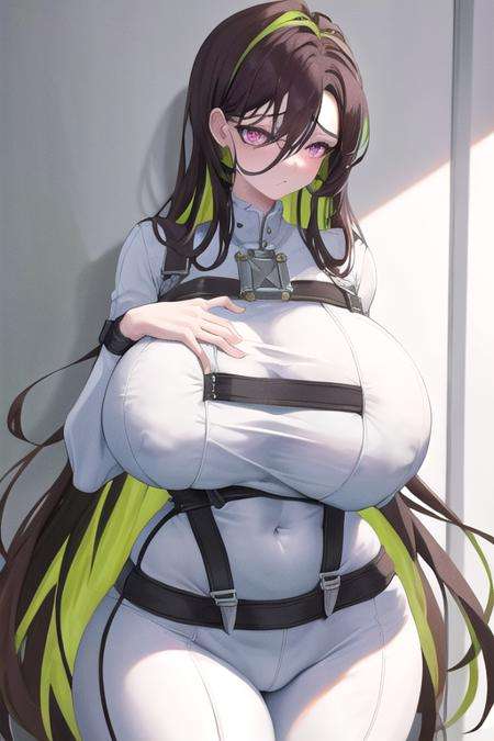 masterpiece, best quality, absurdres, <lora:guilty_nikke_v4:1>, guilty,white bodysuit, huge breasts, chest harness, breast strap, belt, huge ass, wide hips, curvy,very long hair, purple eyes, brown hair, green hair, two-tone hair