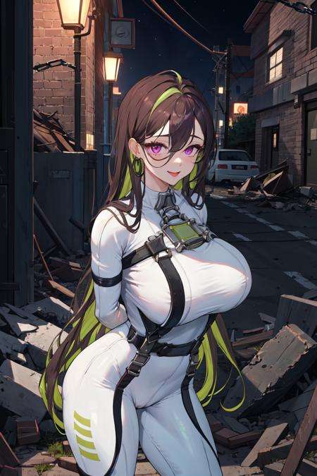 masterpiece, best quality, absurdres, <lora:guilty_nikke_v4:1>, guilty, 1girl, solo, (white bodysuit:1.1), :p, chest harness, breast strap, belt, chain, arms behind back, huge breasts, looking at viewer,purple eyes, very long hair, brown hair, green hair, two-tone hair,night sky, night, darkness, (neon lights:0.8), abandoned, cityscape, ruins, concrete, overgrown, chain-link fence, debris, rubble, wasteland, tower, street, lamppost