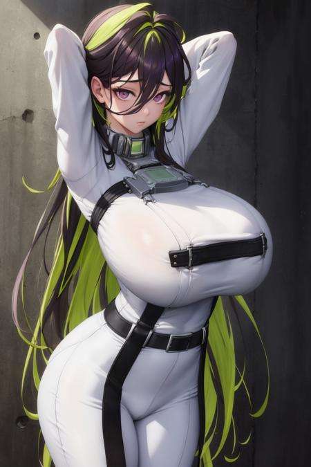 masterpiece, best quality, <lora:guilty-nikke-richy-v5:1>, guilty \(nikke\), 1girl, solo, standing, leaning forward, looking at viewer, gigantic breasts, white bodysuit, collar, belt, purple eyes, green hair, two-tone hair, arms behind head