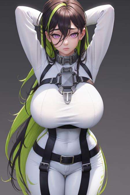 masterpiece, best quality, <lora:guilty-nikke-richy-v5:1>, guilty \(nikke\), 1girl, solo, standing, leaning forward, looking at viewer, gigantic breasts, white bodysuit, collar, belt, purple eyes, green hair, two-tone hair, arms behind head
