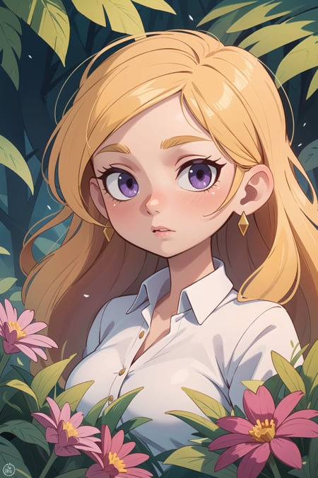 (masterpiece, best quality, ultra-detailed), 1girl, golden hair, purple eyes, forest, flowers,