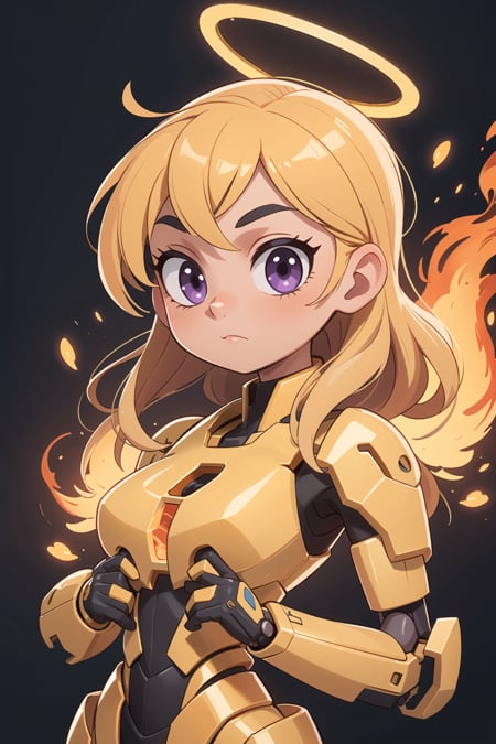 (masterpiece, best quality, ultra-detailed), 1girl, golden hair, purple eyes, gold, golden, glowing, mechanical arms, fire, (halo), black background,