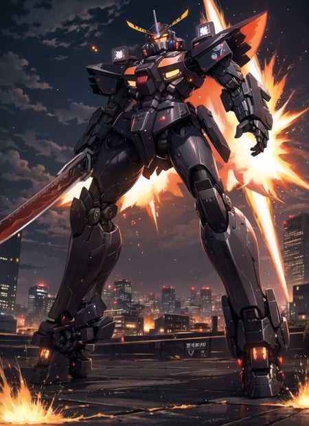 sky, cloud, holding_weapon, no_humans, glowing, ((samurai robot)), building, glowing_eyes, mecha, science_fiction, city, realistic,black and red mecha, night, explosion, laser <lora:mecha_offset:1>