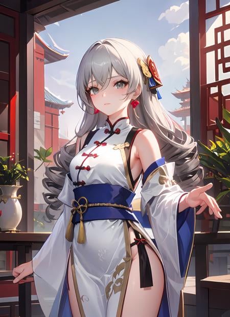 <lora:B-t1-000007:0.7>, ph bronya, 1girl, solo, earrings, long hair, grey hair,  drill hair, grey eyes,  <lora:gachaSplashLORA_gachaSplashFarShot:0.3>, eastern architecture, asian architecture,  chinese clothing, larterns, china clothing