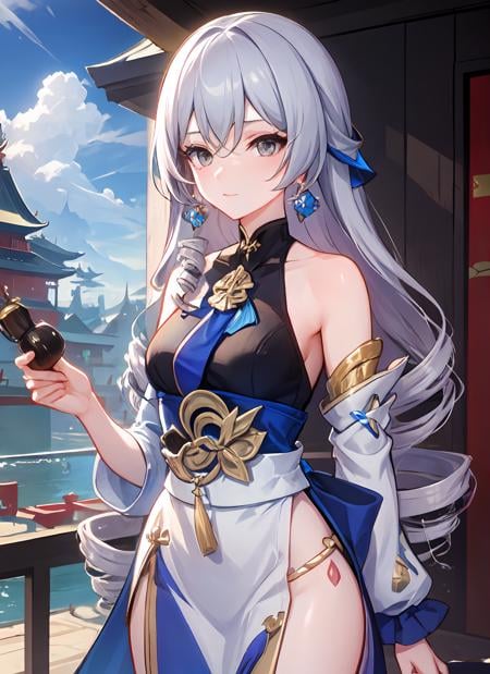 <lora:B-t1-000007:0.7>, ph bronya, 1girl, solo, earrings, long hair, drill hair, grey eyes,  eastern architecture, asian architecture,