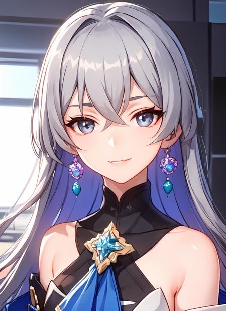 ph bronya, 1girl, solo, jewelry, earrings, long hair, grey hair, bangs, drill hair, bare shoulders, grey eyes,  (off shoulder:1.1), (masterpiece:1.6, best quality),  (finely detailed beautiful eyes: 1.2), ultra-detailed, illustration,beautiful detailed eyes, (yandere:1.4), (empty eyes),  backlighting, looking at viewer, blush, smile, (masterpiece, finely detailed beautiful eyes: 1.2),  <lora:B-t1-000007:0.7>,