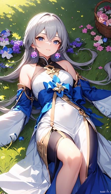 <lora:B-t1.1-000007:0.7>, ph bronya, 1girl, solo, earrings, long hair, drill hair, grey eyes, (flowers), (lying on the grass:1.5),  (masterpiece:1.6, best quality), (finely detailed beautiful eyes: 1.2), ultra-detailed, illustration,beautiful detailed eyes,  shiny skin, full body