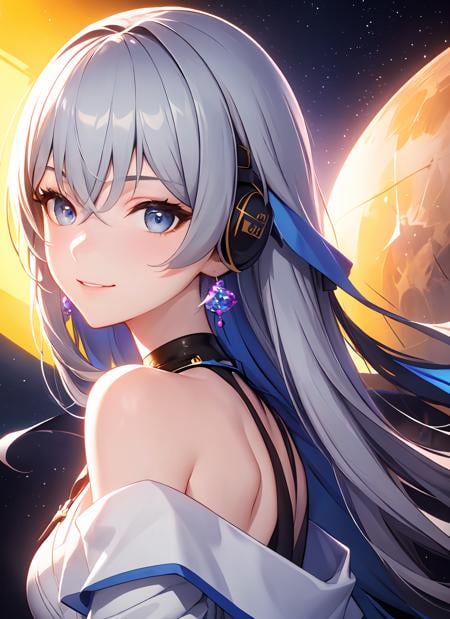 ph bronya, 1girl, solo, jewelry, earrings, long hair, grey hair, bangs, drill hair, bare shoulders, grey eyes,  (off shoulder:1.1), (masterpiece:1.6, best quality),  (finely detailed beautiful eyes: 1.2), ultra-detailed, illustration,beautiful detailed eyes, (yandere:1.4), (empty eyes),  backlighting, looking at viewer, blush, smile, (masterpiece, finely detailed beautiful eyes: 1.2), (on the moon, space, looking back into earth), volumetric lighting, white jacket, glowing headphone, cyberpunk, futuristic, multi-color eyes, detailed eyes, hyper detailed,light smile, highly detailed, beautiful, small details, ultra detailed, best quality, intricate, hyperrealism, sharp, digital illustration, detailed, realism, intricate, 4k, 8k, trending on artstation, good anatomy, beautiful lighting, award-winning, photorealistic, realistic shadows, realistic lighting, beautiful lighting, raytracing, intricate details, moody, rule of thirds, masterpiece, (illustration:1.1), highres, (extremely detailed CG, unity, 8k wallpaper:1.1), beautiful face, highly detailed face, ultra realistic, masterpiece, bokeh, extremely detailed, intricate, zoomout, colorful, vibrant colors, red nail polish, side view,<lora:B-t1.1-000007:0.7>,