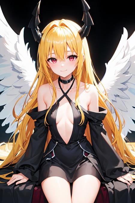 (masterpiece:1.6, best quality), (finely detailed beautiful eyes: 1.2), phyami, yamidarkness, 1girl, solo, blonde hair, wings, long hair, horns, red eyes, black wings, bare shoulders, hair intakes, collarbone, choker, demon horns, halterneck, feathered wings, collar, anime coloring, hair between eyes, criss-cross halter, black dress, demon girl, bangs, very long hair, light smile, <lora:yami-v1:1.0>