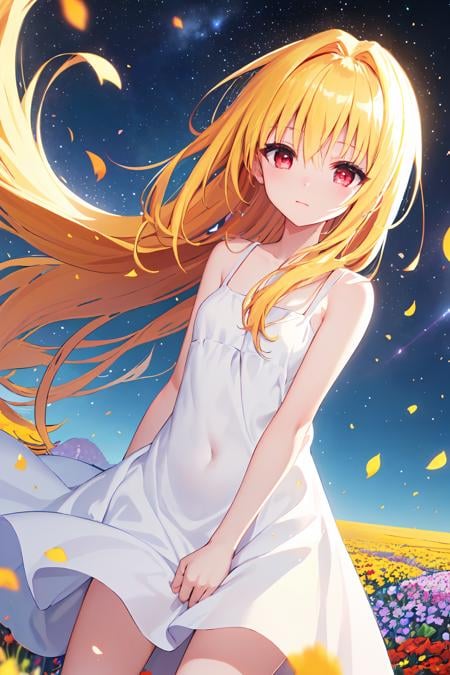 (masterpiece:1.6, best quality), (finely detailed beautiful eyes: 1.2), phyami, yaminor,  lanpla, 1girl, long hair, blonde hair, solo, flower field, white dress, planet, starry sky, petals, scenery, floating hair, night, sleeveless, sundress, very long hair, sleeveless dress, (red eyes),  <lora:yami-v1:1.0>,