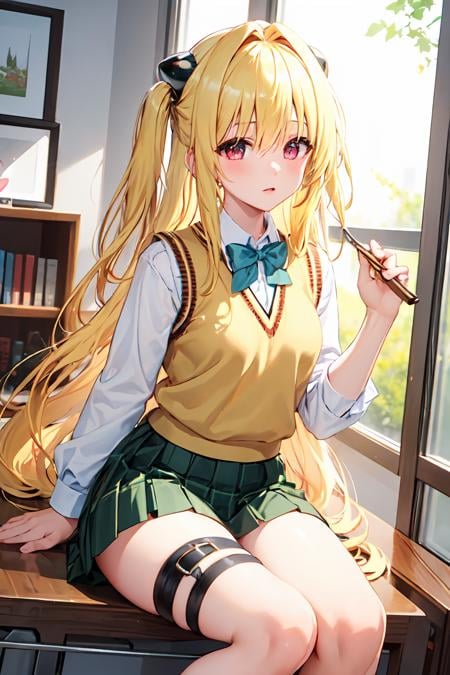(masterpiece:1.6, best quality), (finely detailed beautiful eyes: 1.2), phyami, yamisch, 1girl, long hair, solo, school uniform, hair ornament, hair between eyes, two side up, blonde hair, very long hair, skirt, red eyes, thigh strap, sweater vest, plaid skirt, plaid, socks, two side up, hair ornament, pleated skirt, kneehighs, <lora:yami-v1:1.0>